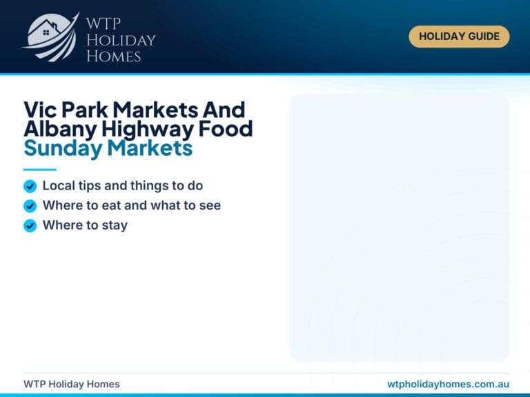 Featured image for a Vic Park Markets and Albany Highway food weekend guide showing East Victoria Park market stalls, local dining, family-friendly Perth activities and Sasha’s Cottage on the Hill.