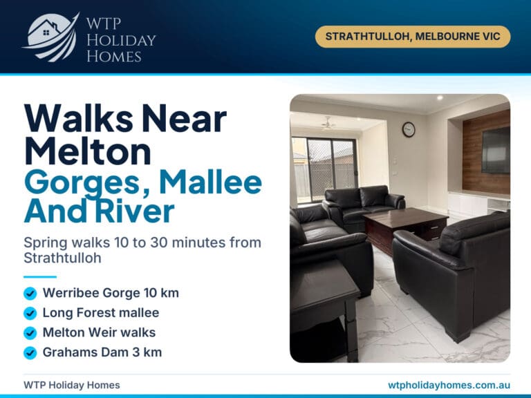 Walks Near Melton cover: Werribee Gorge, Long Forest and Melton Weir spring walks from a Strathtulloh stay