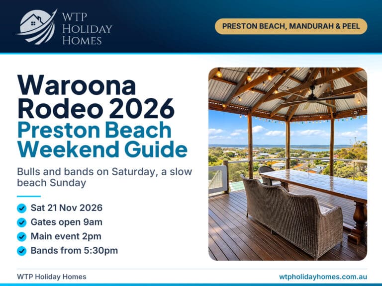 Waroona Rodeo 2026 weekend guide cover with dusk over Preston Beach and Lake Preston in WA