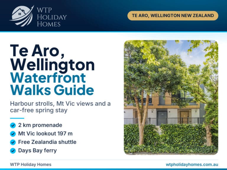 Cover for a guide to Wellington waterfront walks from Te Aro, with the tree-lined street outside City Tree Hutt A