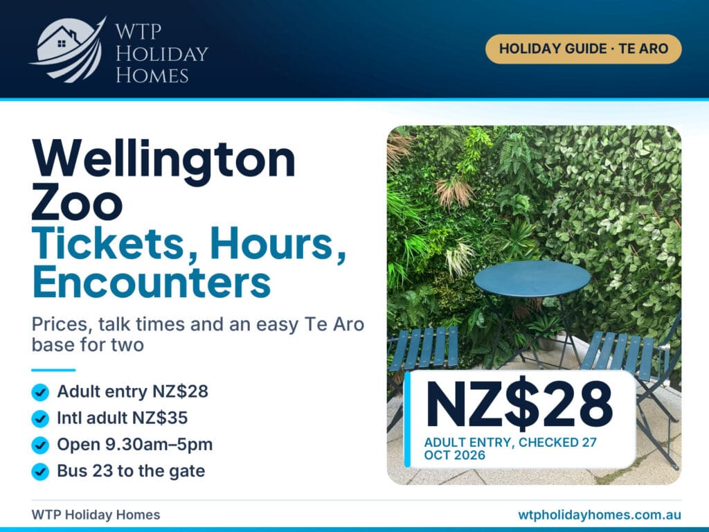 Wellington Zoo guide cover with ticket prices, hours and Close Encounters, over the courtyard of a Te Aro apartment
