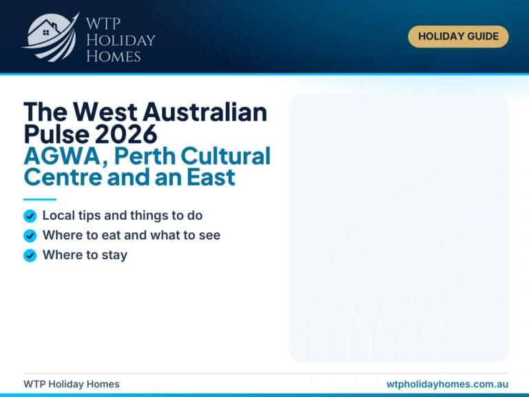 The West Australian Pulse 2026 Perth art weekend guide featuring AGWA, contemporary student artwork and East Victoria Park stay elements.