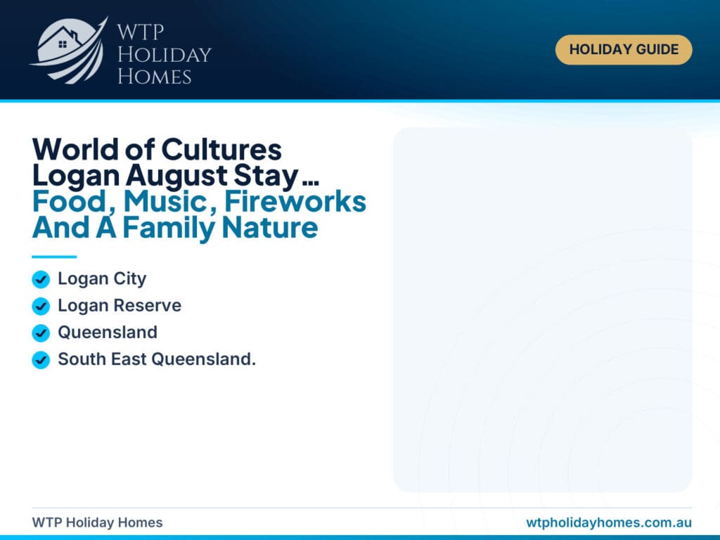 Featured image for a World of Cultures Logan August stay guide, showing cultural performances, food stalls, fireworks and a relaxed Logan nature retreat base.