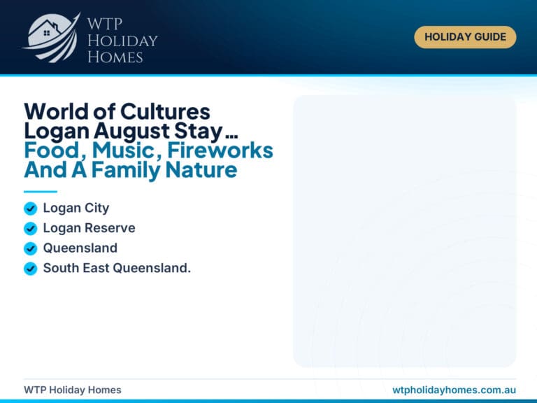 Featured image for a World of Cultures Logan August stay guide, showing cultural performances, food stalls, fireworks and a relaxed Logan nature retreat base.