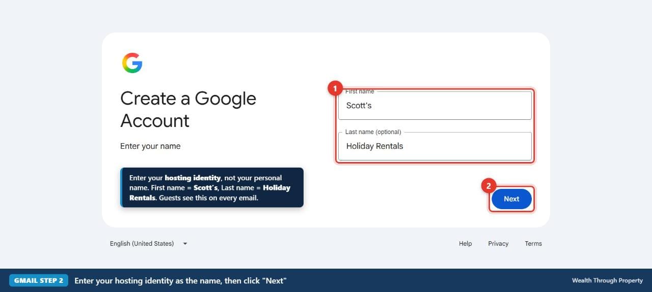 Gmail step 2 — enter the hosting identity as the name