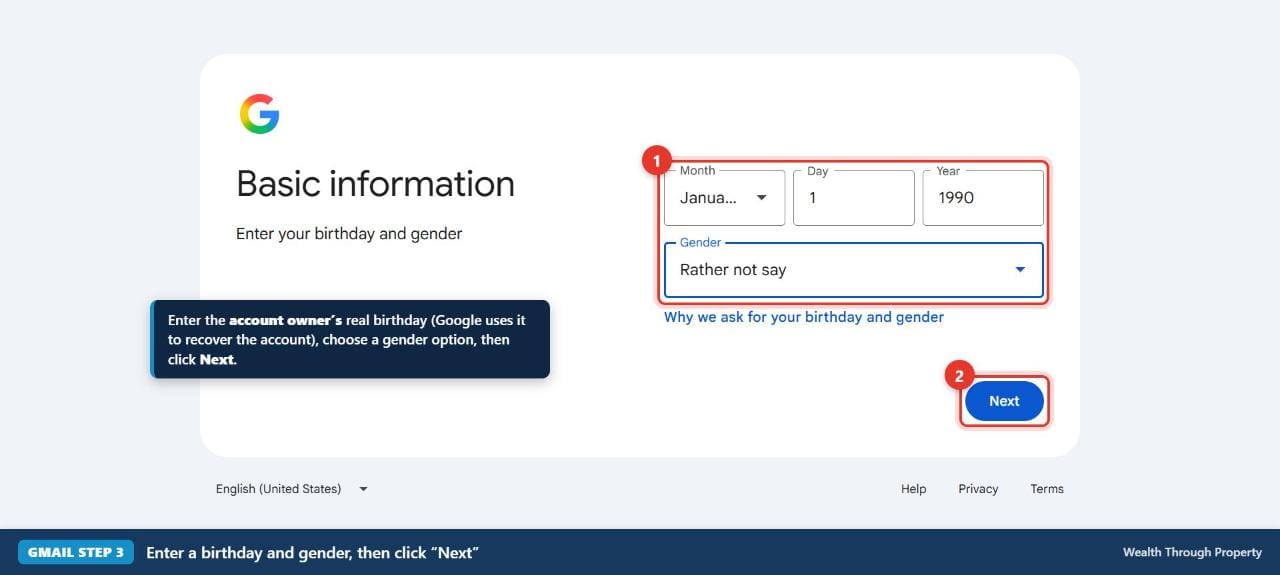 Gmail step 3 — birthday and gender