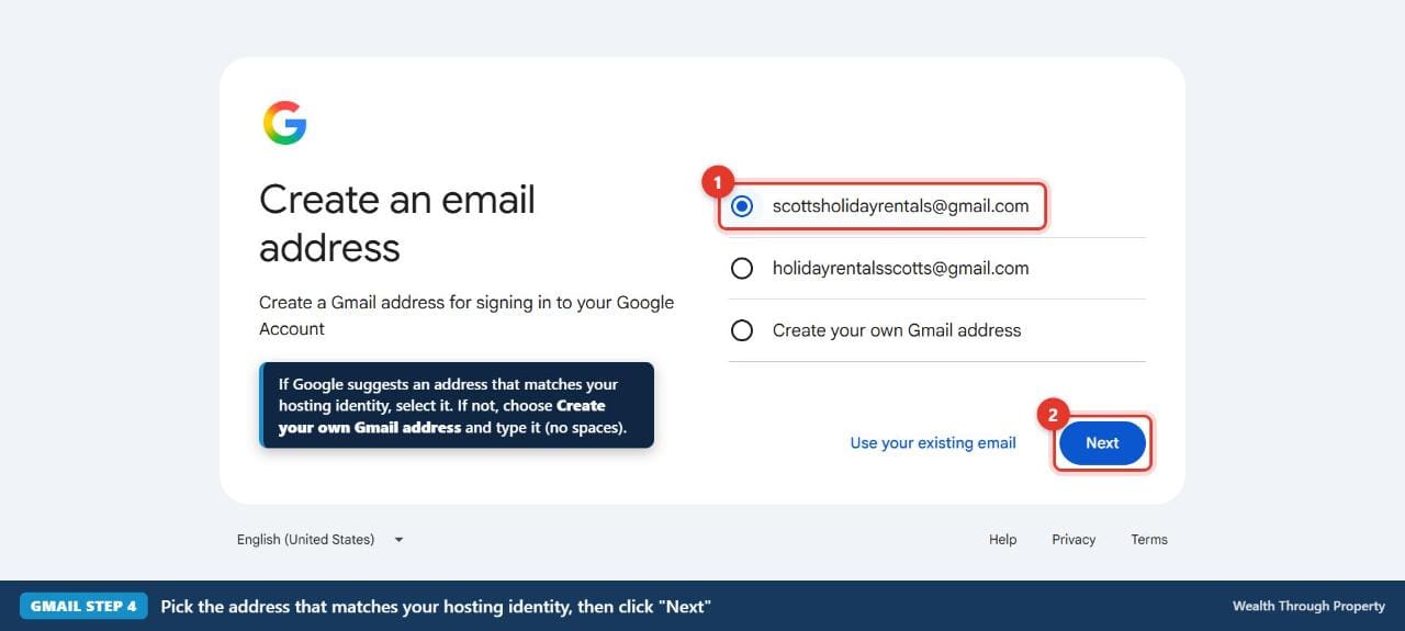 Choose the Gmail address that matches your hosting identity