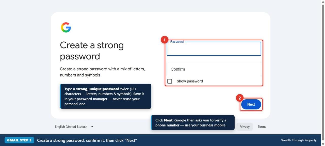 Gmail step 5 — create a strong password